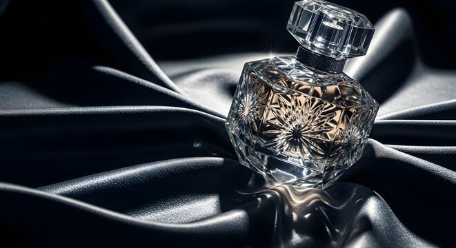 Luxury crystal perfume bottle on dark satin fabric.