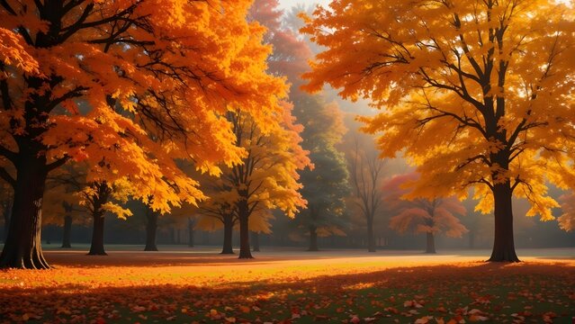 Golden Sun Rays Through Misty Autumn Forest Path with Fallen Leaves