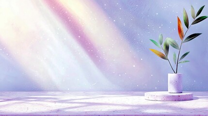 A minimalist scene with a textured pastel background, diagonal light beams, and a single plant in a vase on a pedestal.