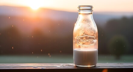A glass bottle of milk sits on a wooden surface at sunset.