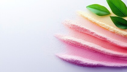 A soft, textured pile of pastel colored powders in shades of pink and yellow, accented by fresh green leaves.