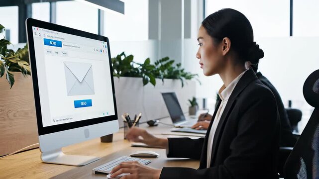 Businesswoman typing on computer surrounded by digital tools, conveying the concept of staying connected and productive in todays fast paced digital era, perfect for scenes depicting remote work.