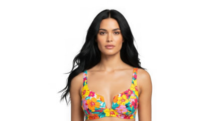 Beautiful woman in floral bikini top isolated on transparent background