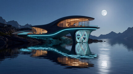 Futuristic architectural concept of a luxury villa with glowing lights reflected on a calm lake under the full moon
