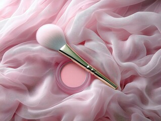 A soft pink blush compact and a fluffy makeup brush rest on flowing, sheer pink fabric.