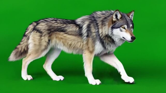 A wolf with brown and gray fur walking across a green screen background in a side view shot green screen wolf video