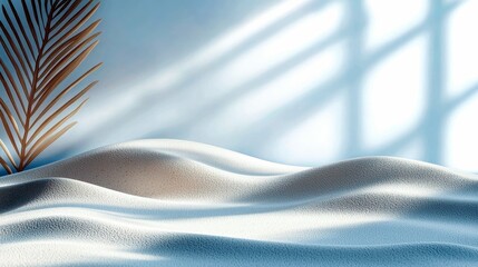 A serene scene of soft, textured sand dunes with gentle curves, illuminated by sunlight casting a patterned shadow on a pale blue background, with a single drie