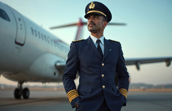 Indian airline captain in uniform poses by jetliner on airport tarmac. Professional aviator represents flight service, travel industry leadership, and sky high ambition.