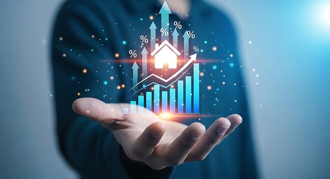 Businessman holding a glowing upward trending stock market graph with rising arrows and digital data visualizations