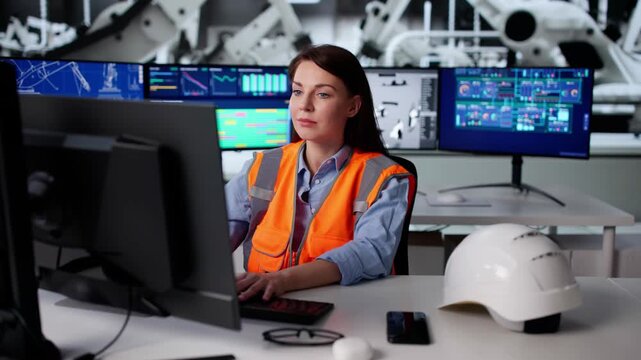Female Engineer Monitoring Production System On Desktop Using SCADA Software