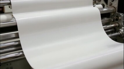 Smooth white paper roll printing press factory machine production line with glossy surface sheet material flowing over metal roller clean workshop, continuous feed precision movement and calm rhythm