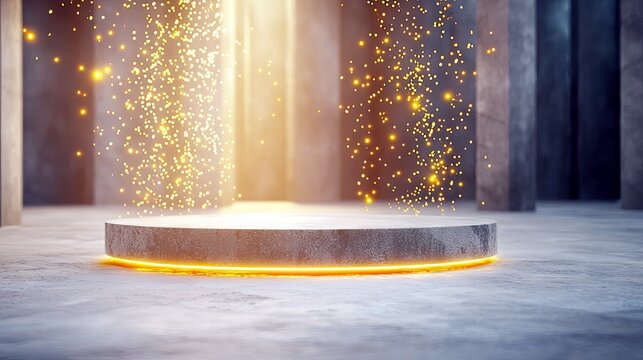 A circular concrete platform with a bright orange glow at its base, surrounded by tall pillars and illuminated by a cascade of golden particles.