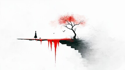 A lone figure walks on a cliff edge next to a tree with red blossoms, with red liquid dripping off the edge and a path fading into mist.