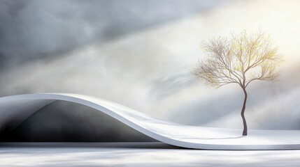 A lone tree with sparse yellow foliage stands on a smooth, white, curved surface under a sky filled with soft, diffused light and atmospheric clouds.