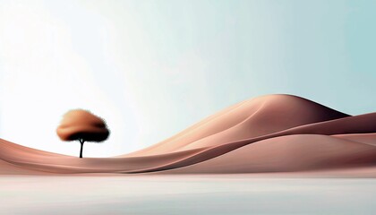 A single tree with a reddish-brown canopy stands in the middle of a vast desert landscape with rolling sand dunes and a clear sky.