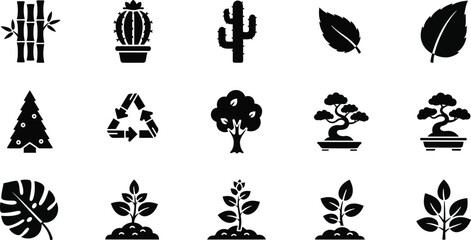 Variety of plant icon designs with growing leaf motifs in black and white styles