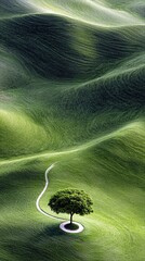A lone, vibrant green tree is centered on a smooth, rolling green hill, with a white path curving towards its base.