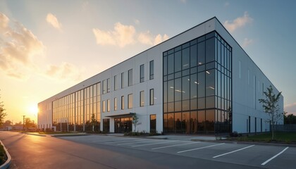 Obraz premium Modern industrial building facade gleams at sunset. Large commercial facility with glass windows reflects warm light. Minimalist architecture signifies business growth, innovation, ideal for