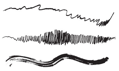 Hand-drawn ink brush strokes for artistic design. Rough sketchy black brush strokes in varied textures, useful for grunge effects, artistic backgrounds, and creative graphic design accents.

