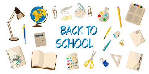 Back to school supplies illustration with globe books and stationery