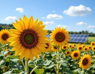 Fototapeta premium Sunflowers and Solar Panels Bright Renewable Energy Scene