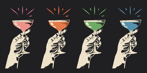 Colorful cocktail glasses held by hands in a row on black background
