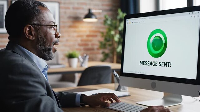 Professional individual working on computer in modern workspace, efficiently sending email and mail while maintaining seamless communication, highlighting importance of staying connected and.