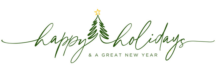 Fototapeta premium Modern Minimalist continuous line handwritten calligraphy with Christmas tree for Christmas Holiday New year, card, Social Media, E-mail banner template, E-mail signature, printable, isolated