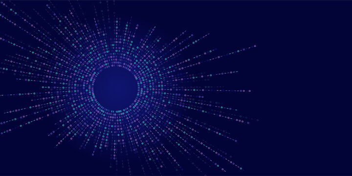 Binary code streams radiate from center as dotted lines. Digital data flow graphic for tech, AI or network concepts. Abstract visualization of information transfer or system expansion.