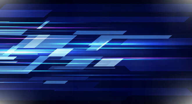 Abstract blue background with dynamic geometric shapes depicting speed and technology.