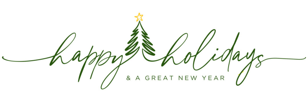 Fototapeta Modern Minimalist continuous line handwritten  calligraphy with Christmas tree for Christmas  Holiday New year, card, Social Media, E-mail banner  template, E-mail signature, printable,  isolated