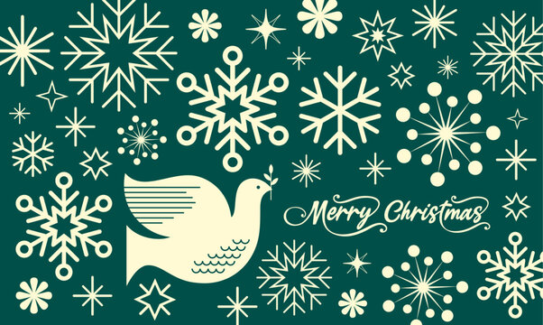 Merry Christmas Holiday Greeting card abstract snowflakes shape design template in dark green.
Modern Snowflake banner vector illustration