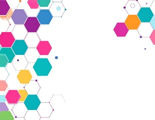 Colorful hexagons interconnected by lines on a white background, creating a modern design