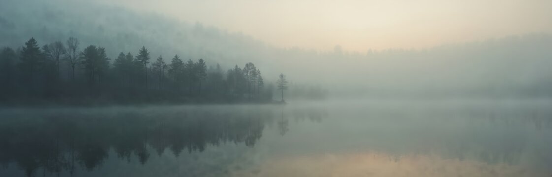 Misty lake surrounds forest trees at dawn. Calm water surface reflects bare branches. Hazy sky fades to bright light. Fog drifts over tranquil landscape. - Powered by Adobe