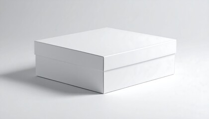 Naklejka premium A square, white box with a lid sits on a white surface, illuminated by even light, casting a soft shadow