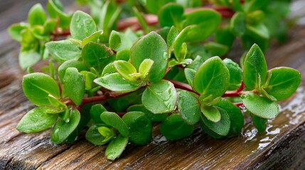 Fresh purslane sprigs with vibrant green leaves glistening on rustic wood surface ready for delicious salad or healthy culinary creation