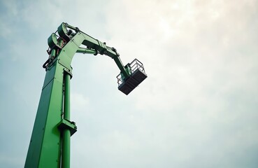 Extended green construction lift against sky. Hydraulics system works, empty platform elevated. Machine used in industry, architecture. Equipment raises materials. Crane lifts construction parts,
