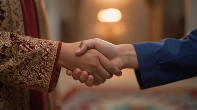 Close up of two men shaking hands as greeting and forgiveness gesture during Eid al-Fitr