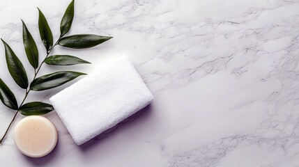 A minimalist spa and wellness scene featuring a green leaf sprig, a neatly folded white towel, and a round bar of soap arranged on a white marble background.