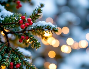 Dewkissed Evergreen Branch with Festive Bokeh Lights