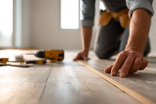 フローリング材を施工する職人の作業風景
