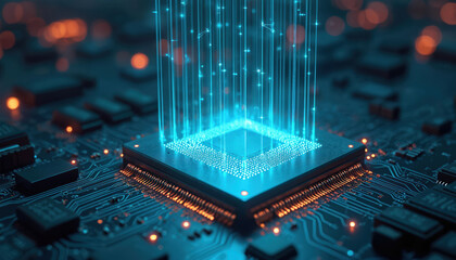 Futuristic microchip with glowing blue data streams emerges from circuit board. Digital tech, information flow, innovation, computer hardware concept. High performance computing, artificial