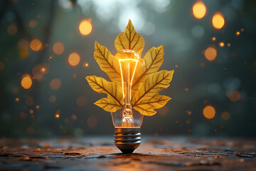 Eco energy concept with glowing light bulb and autumn leaves in forest setting with warm bokeh lights
