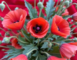 Vibrant Red Poppies Blooming Against Blurred Fabric