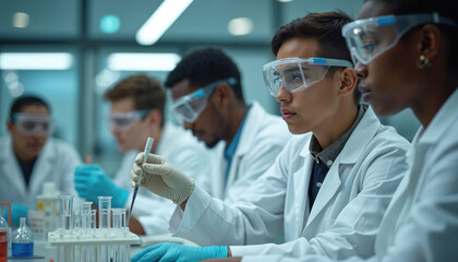 Group of students conducts scientific experiments in lab. They wear white coats, safety goggles. Pupils work with test tubes, other equipment. Young people doing research in chemistry or biology.