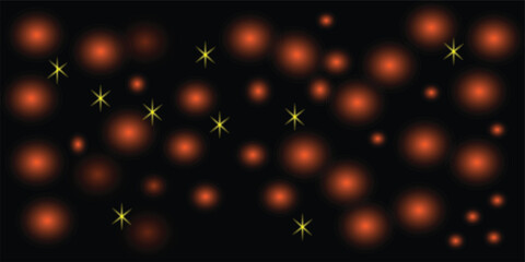 Abstract background with blurry red orbs and yellow starbursts on black