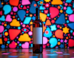 Vibrant Wine Bottle Amid Colorful Mosaic