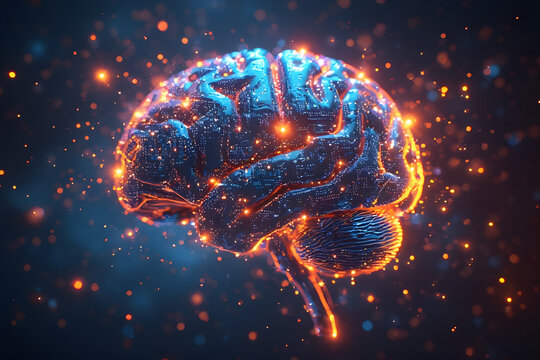 Digital AI brain with vibrant glowing neural networks and bright energy nodes on futuristic dark background
