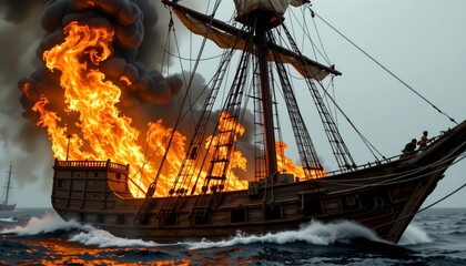 Burning Old Ship Flames Stormy Seas