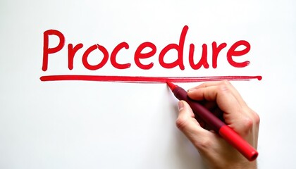 Hand writes red word procedure on white paper with marker. Shows planning step by step plan, strategy. Implements method, action. Defines workflow, rules, guidelines, execution. Clarifies process for